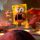 SpongeBob stares in horror as the volcanic landscape he finds himself in is about to erupt.
